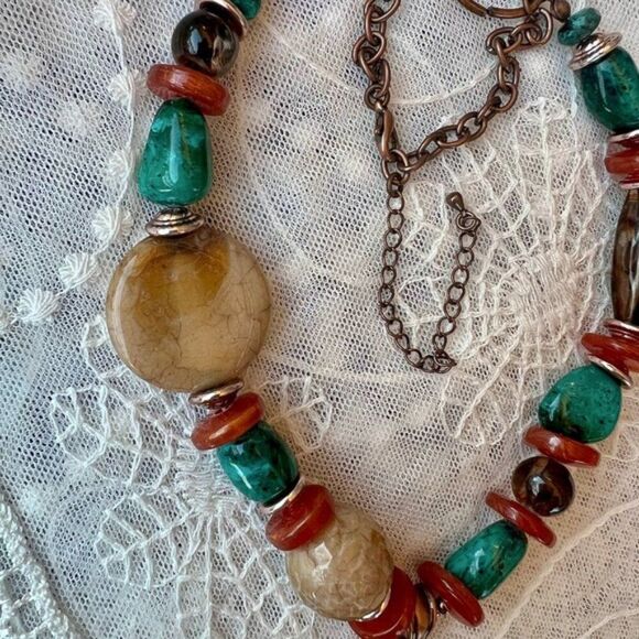 Asymmetrical Turquoise & Coral Beaded Fashion Statement Necklace - Picture 6 of 10